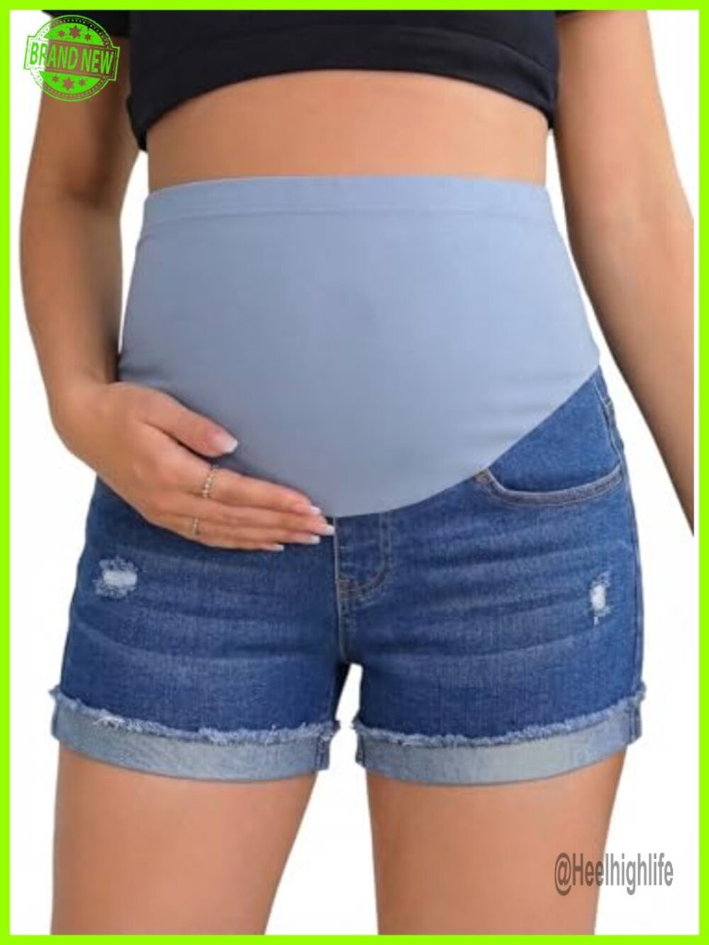 Maternity Over Belly Stretchy Denim Shorts Fold Hem